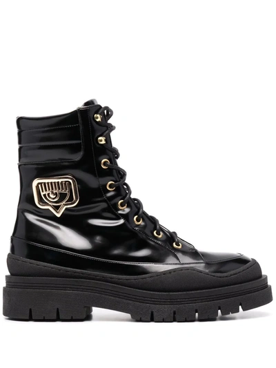 Chiara Ferragni Logo-plaque Lace-up Boots In Schwarz