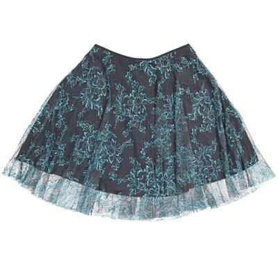 Shop Burberry Girls Bright Blue/taupe Pleated Lace Skirt