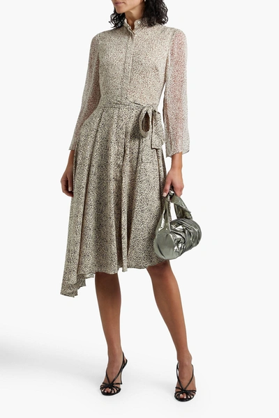 Shop Mikael Aghal Asymmetric Leopard-print Crepe De Chine And Chiffon Dress In Sage Green