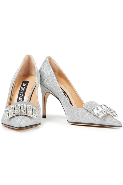 Shop Sergio Rossi Crystal-embellished Glittered Leather Pumps In Silver