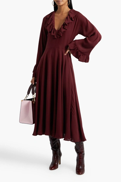 Shop Valentino Ruffled Silk-crepe Midi Dress In Burgundy