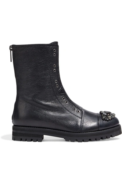 Shop Jimmy Choo Hatcher Crystal-embellished Textured-leather Combat Boots In Black