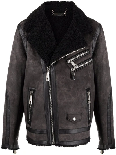 Philipp Plein Faux-shearling Suede Biker Jacket In Black