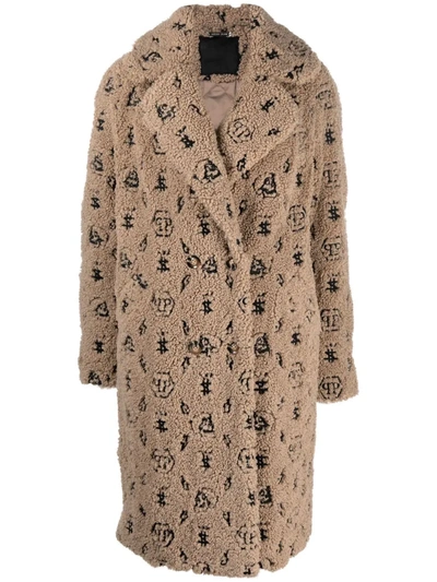 Shop Philipp Plein Embroidered Monogram Faux-shearling Coat In Neutrals