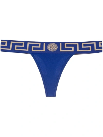 Shop Versace Greca Border Thong In Blue