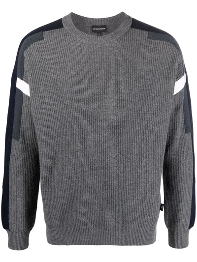 Shop Emporio Armani Striped Ribbed Crewneck Sweater In Grey
