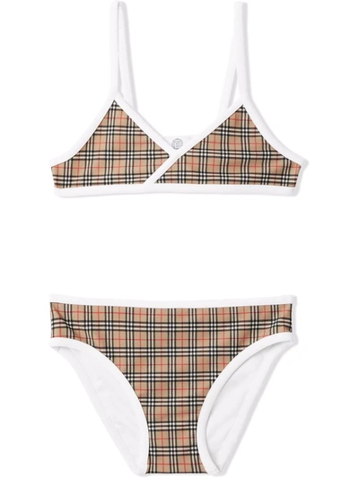 Shop Burberry Check-print Triangle Bikini In Brown
