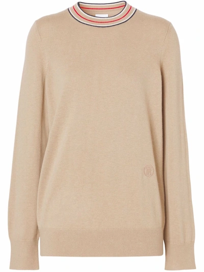 Burberry Striped Detailed Crewneck Cashmere Jumper In Neutrals
