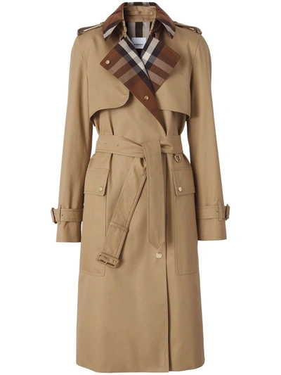Shop Burberry Check-panel Trench Coat In Brown