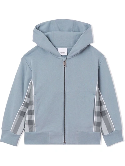 Shop Burberry Check-panel Cotton Hoodie In Blue