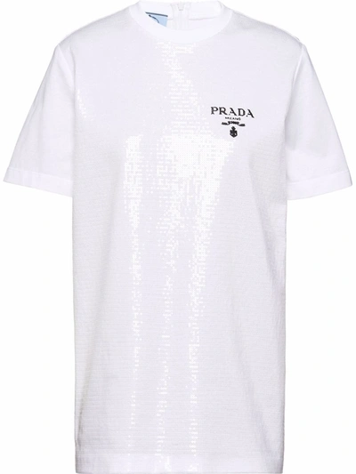 Shop Prada Logo-embroidered Sequin Short-sleeve T-shirt In Weiss