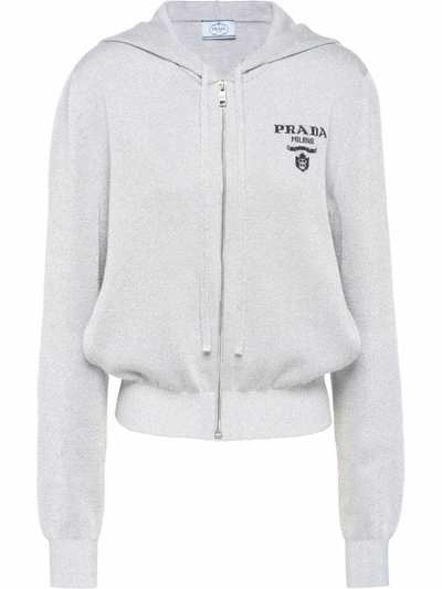 Shop Prada Intarsia-logo Knit Lurex Hoodie In Grau