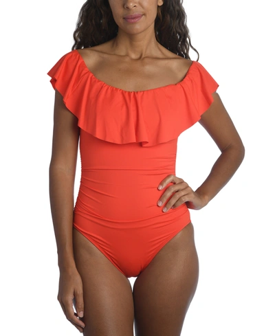 Shop La Blanca Island Goddess Off-the-shoulder Ruffled Tummy-control One-piece Swimsuit Women's Swimsuit In Paprika