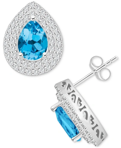 Macy's Rhodolite Garnet (2-1/5 Ct. T.w.) & White Topaz (7/8 Ct. T.w.) Pear Stud Earrings In Sterling Silver In Blue Topaz