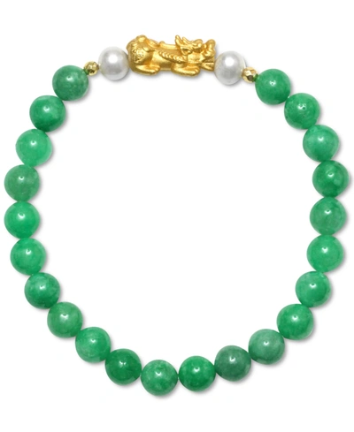 Shop Macy's Dyed Jade (8mm) & Cultured Freshwater Pearl (6mm) Pixhu Stretch Bracelet In 14k Gold-plated Sterling In Green