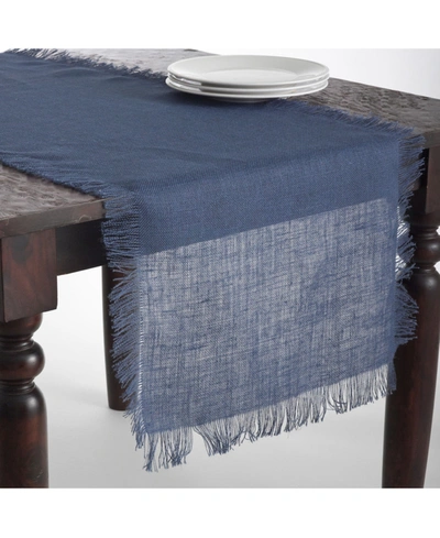 Shop Saro Lifestyle Fringed Jute Tablecloth Or Runner, 20" X 70" In Navy Blue