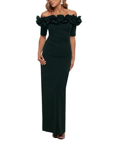 Shop Xscape Petite Off-the-shoulder Ruffled Gown In Pine