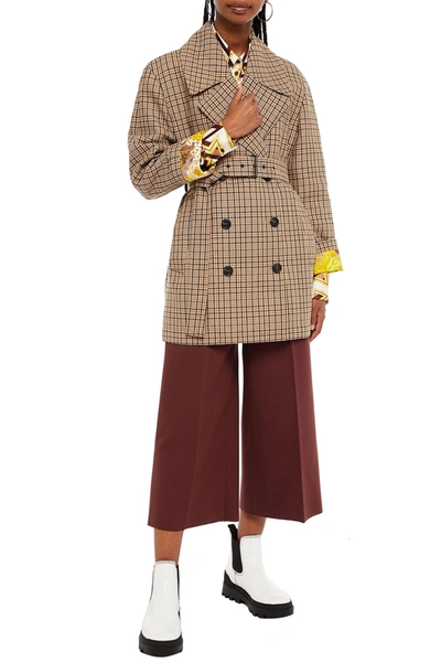 Msgm Belted Checked Gabardine Coat In Sand