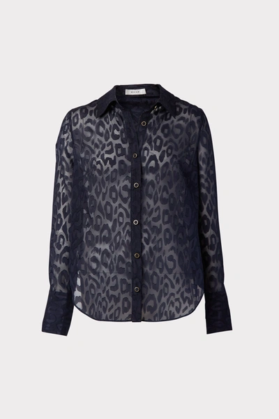 Shop Milly Leopard Jacquard Button Down Blouse In Navy