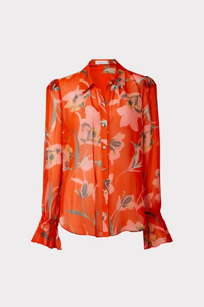 Shop Milly Lacey Floating Botanica Blouse In Coral Multi