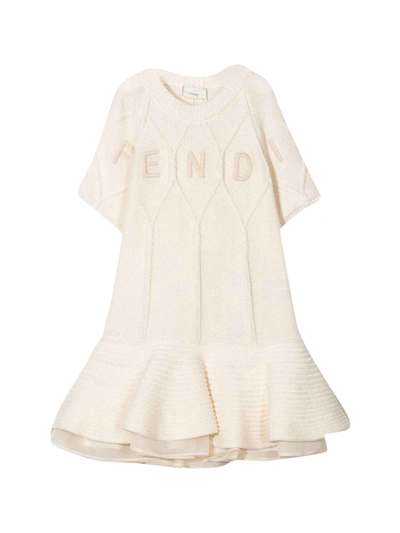 Shop Fendi Dress With Brunello Cucinelli Kids Embroidery In Gesso