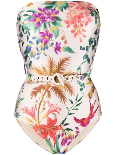 Shop Zimmermann Floral-print Chain-detail Swimsuit In Nude