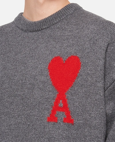 Shop Ami Alexandre Mattiussi Ami Paris Ami De Coeur Wool Crewneck Sweater In Grey