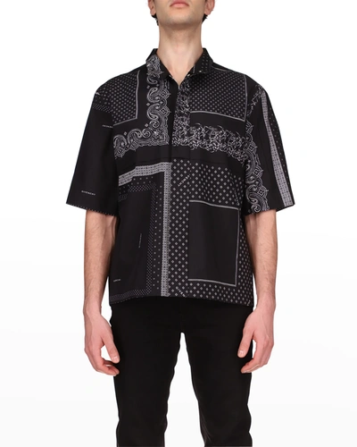 Shop Givenchy Men's Patchwork Bandana Camp Shirt In Black/white