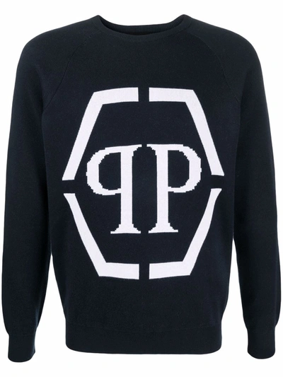 Shop Philipp Plein Intarsia-logo Crewneck Sweater In Blau