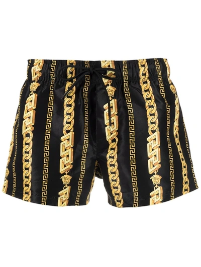 Shop Versace Greca Chain-print Swimshorts In 黑色