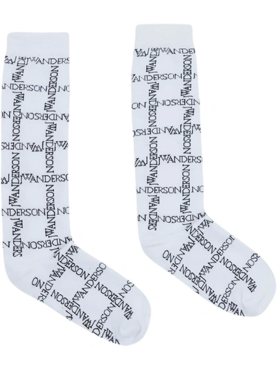Jw Anderson Intarsia-logo Long Ankle Socks In White