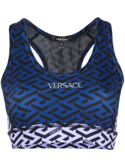 Shop Versace Greca-print Colour-block Sports Bra In Blue