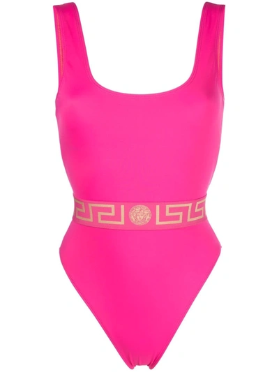 Shop Versace Greca-print Two-tone Swimsuit In Pink