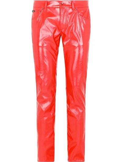 Shop Dolce & Gabbana Straight-leg Leather-look Trousers In Red