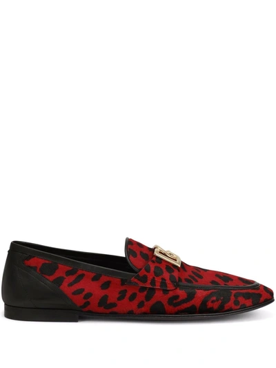 Shop Dolce & Gabbana Leopard-print Logo-buckle Loafers In Red