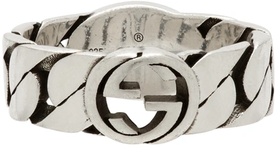 Shop Gucci Silver & Black Large Interlocking G Ring In 8191 0728/black