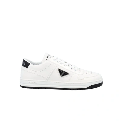 Shop Prada Perforated Leather Sneakers In White/black