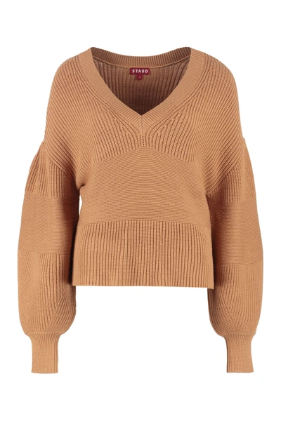 Shop Staud Rye V-neck Ribbed Sweater In Camel