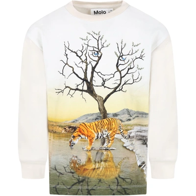 Shop Molo Ivory T-shirt For Boy With Tiger In White
