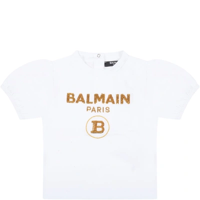 Balmain White T-shirt For Baby Girl With Gold Logo | ModeSens