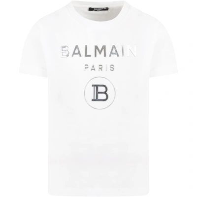 Shop Balmain White T-shirt For Kids With Silver Logo