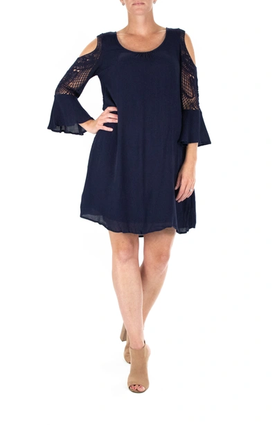 Shop Nina Leonard Crochet Cold Shoulder Long Sleeve Dress In Navy