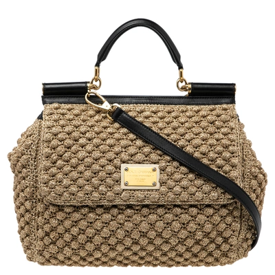 Pre-owned Dolce & Gabbana Metallic Gold Crochet And Leather Large Miss Sicily Top Handle Bag