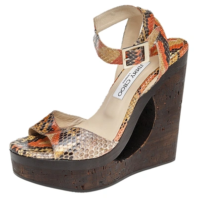 Pre-owned Jimmy Choo Multicolor Python Leather Penelop Wedge Sandals Size 38
