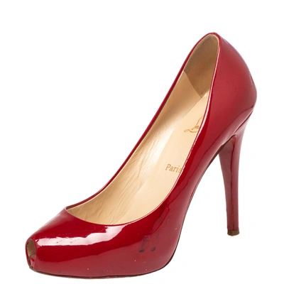 Pre-owned Christian Louboutin Red Patent Leather Peep Toe Platform Pumps Size 38