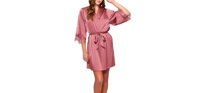 Shop Icollection Plus Size Charlotte Satin And Lace Short Robe In Wine