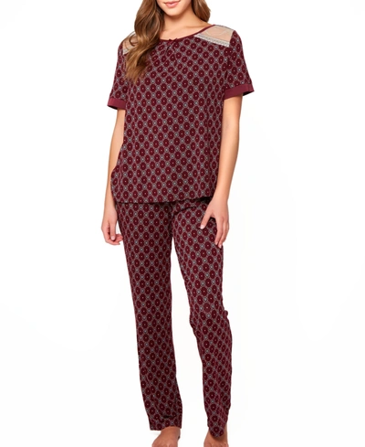 Shop Icollection Women's Diamond Pattern Print Ultra Soft Knit Pajamas Set In Burgundy