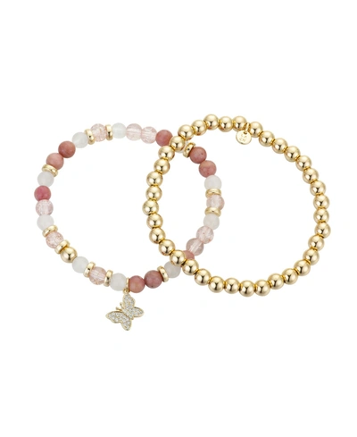 Shop Unwritten 14k Gold Flash-plated Pink Stone And Gold Bead Butterfly Bracelet Duo