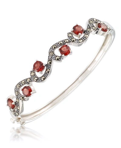 Shop Macy's Marcasite And Garnet (5 Ct. T.w.) Bangle In Sterling Silver In Red