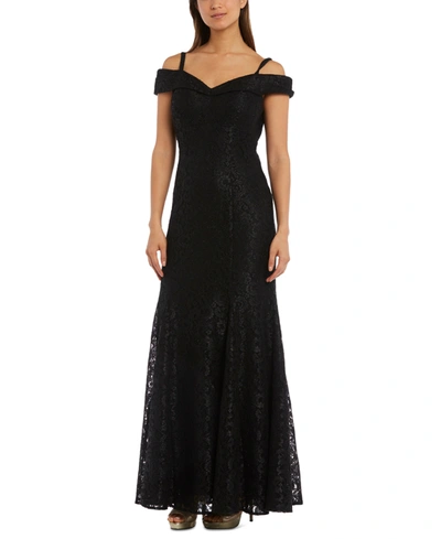 Shop R & M Richards Off-the-shoulder Petite Lace Gown In Black